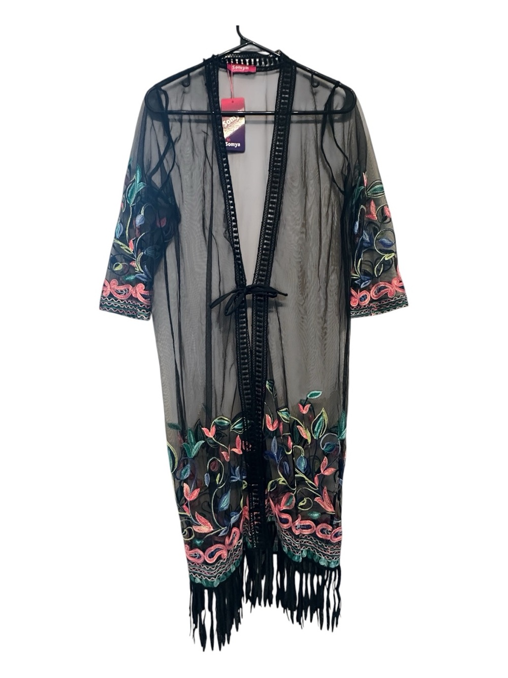 NWT Somya Sheer Black Embroidered Boho Fringe Swim Coverup Size 4